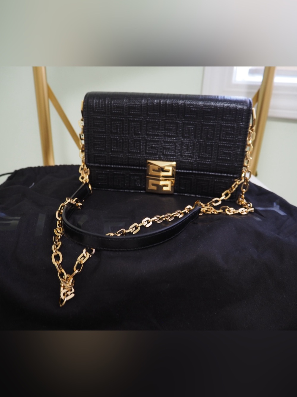 GIVENCHY 4G Monogram Embossed Black Leather Flap Chain Crossbody Bag Gold
